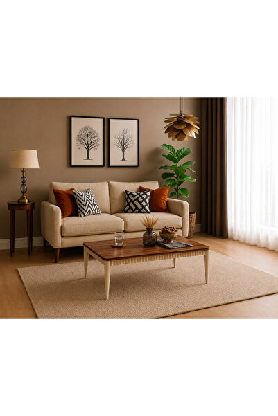 FAMİ HOME Lodos Ceviz Gold Detaylı Modern Orta Sehpa Krem Ahşap Salon Sehpası