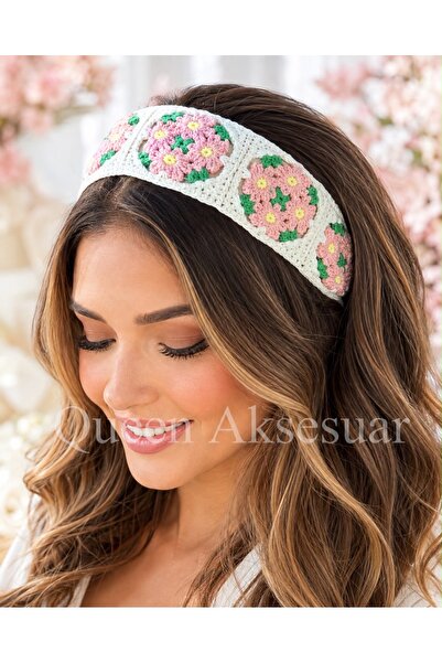 QUEEN AKSESUAR Trend Wide Braid Hydrangea Flower Pattern Knitted Crown Hair B...