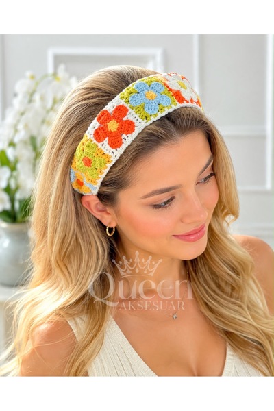 QUEEN AKSESUAR Trend Wide Weave Colorful Daisy Flower Pattern Knitted Crown H...