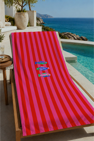 Evmila Pink Red Striped Summer Slogan 70X150 Beach Towel - Digital Printed Ba...