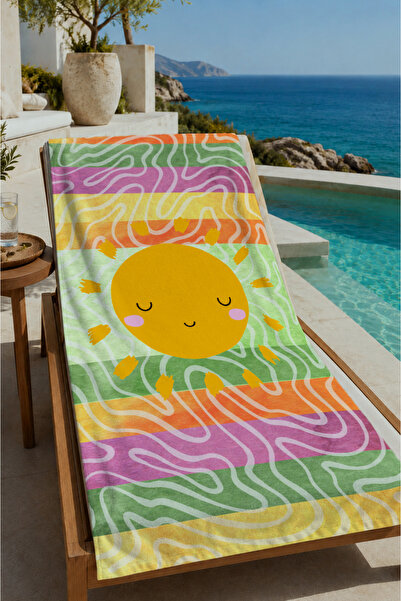Evmila Colorful Smiling Sun and Floral Pattern 70X150 Beach Towel - Cotton Ba...