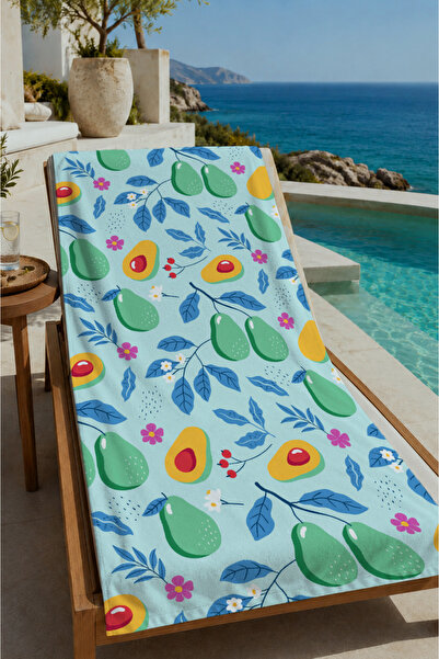 Evmila Light Blue Avocado and Leaf Pattern 70X150 Beach Towel - Digital Print...