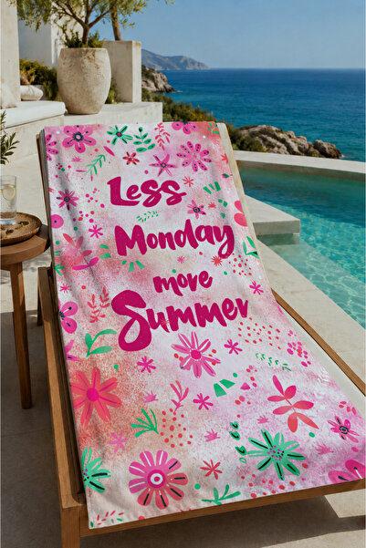 Evmila Pink Floral Less Mondays More Summer Written 70X150 Beach Towel - Cott...