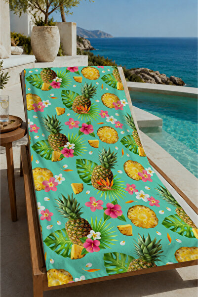 Evmila Mint zeleni ananas cvet i tropski listovi uzorak 70x150 peškir za plaž...