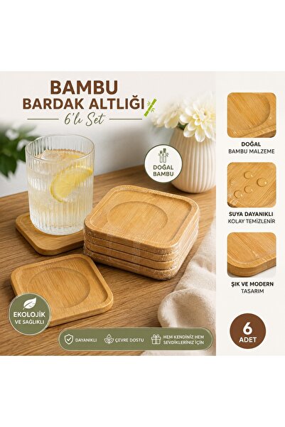 Genel Markalar 6'lı Bambu Bardak Altlığı Seti – Kare Ahşap Bardak Altlığı – D...
