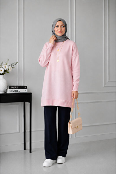 KAREL BUTİK Penbe Crew Neck Oversize Women's Sweater Tunic