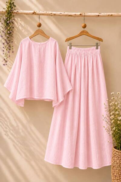 KÜÇÜĞÜM BUTİK Powder Pink Casual Muslin Blouse and Flared Skirt Set (Set of 2)