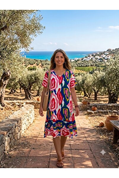 AYASOFYA OTANTIK Women's V-Neck Patterned Half Sleeve Dress with Pockets