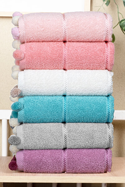 Bersay 6-Piece Premium Hand-Face-Hair Towel Set with Pompoms – 100% Cotton, 5...