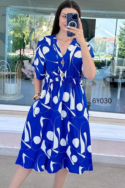 İnce Topuk V-Neck Button Detail Viscose Dress 6Y030