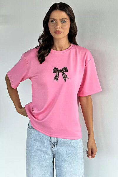 Aryena Dark Pink Women's Crew Neck Leopard Print T-Shirt