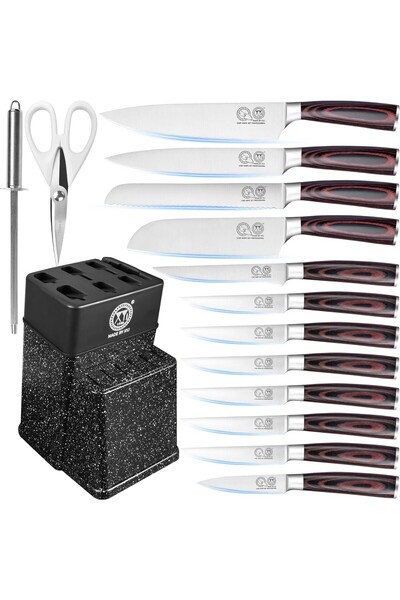OtherMax Set profesional de cuțite de bucătărie cu bloc, 12 piese, oțel inoxi...