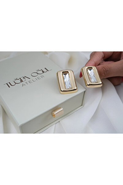 ATELİER TUĞBA Kp674 Baget Stone Rectangular Earrings (Length 30 mm)