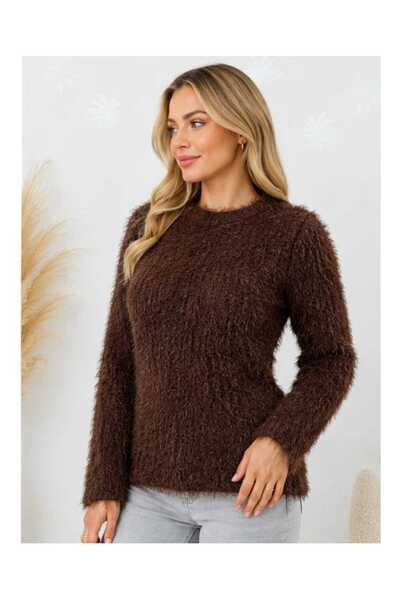 BELLA VESTE ATELİER Women's Plush Fuzzy Knitwear Sweater Crew Neck Long Sleeve Soft Knitted Sweater