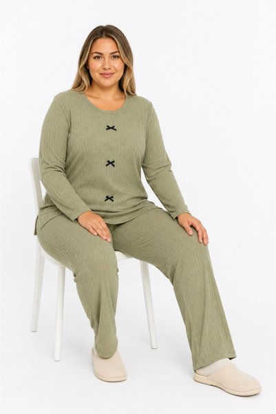 FAMES PİJAMA Büyük Beden Kaşkorse Mevsimlik Haki Pijama Takımı