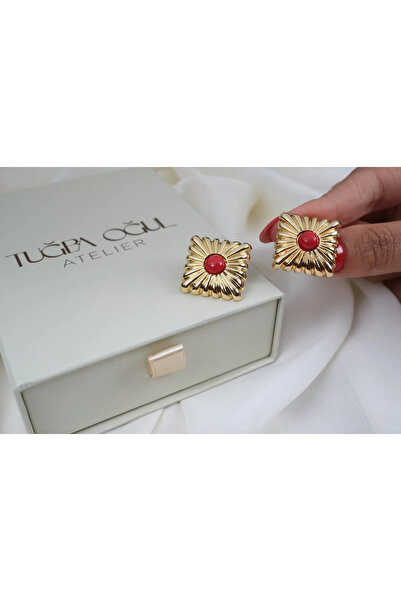 ATELİER TUĞBA Kp678 Coral Stone Sun Motif Earrings (20 mm)