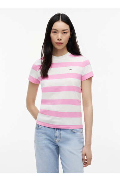 Tommy Jeans Pembe Kadın Bisilet Yaka Çizgili T-Shirt DW0DW238010D1