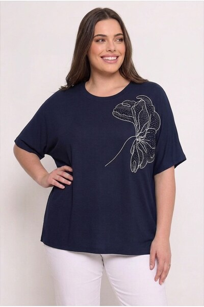 Koza Butik Women's Plus Size Short Sleeve Crew Neck Embroidery and Stone Deta...