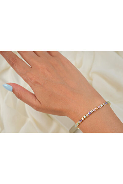 ATELİER TUĞBA Blk649 Colorful Square Stone Waterway Bracelet (16 cm + 2 cm)