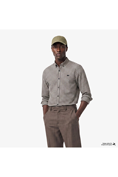 Lacoste Erkek Regular Fit Düğmeli Yaka Ekose Kahverengi Gömlek