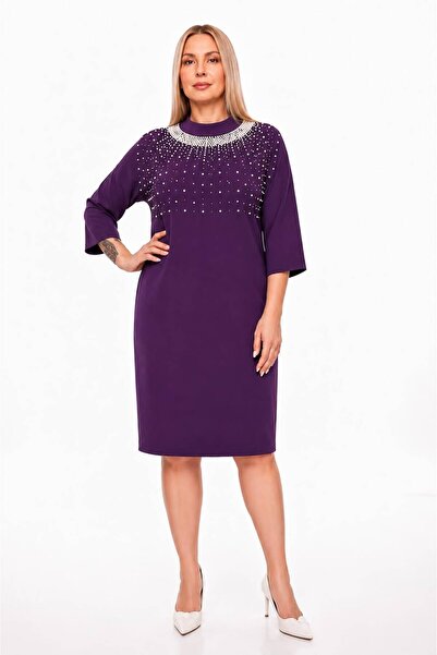 etselements Almira Stone Embellished Crew Neck Plus Size Dress