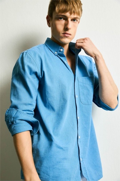 DeFacto Regular Fit Polo Collar Linen Blend Long Sleeve Blue Shirt H7879Ax26Au