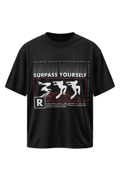 Surpass Yourself Baskılı Oversize Siyah Tişört