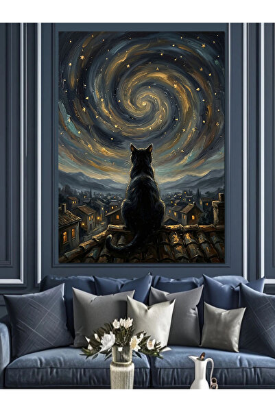 Artmeg Pânză decorativă cu peisaj de pisici negre în galaxie - Tablou din lem...