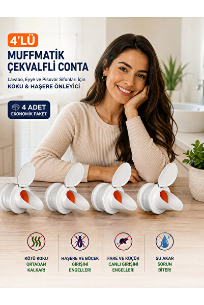 CEKO ARMATÜR 4 Adet Çekvalfli Adaptör Conta Ø50 Koku Önleyici Lavabo Eviye Gideri Haşere Önleyici