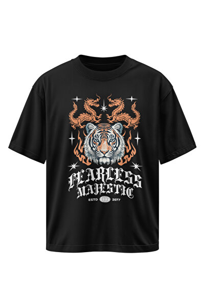 Fearless Majestic Kaplan Baskılı Oversize Siyah Tişört