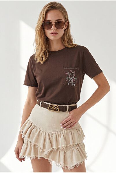 Olalook Women's Brown Embroidered Regular Fit Cotton T-Shirt with Pockets Tsh...