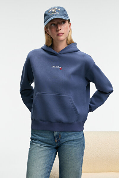 ETHIQUET MELUREA Kadın Nakışlı Kapüşonlu Comfort Fit Koyu Mavi Sweatshirt