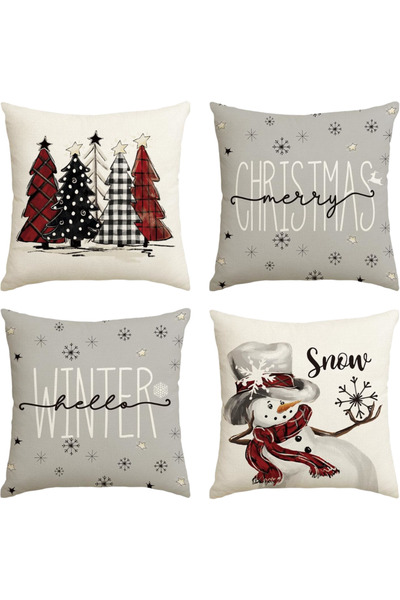 OtherMax Set 4 Huse de Pernă Decorative de Crăciun din In Alb 50 x 50 cm — te...