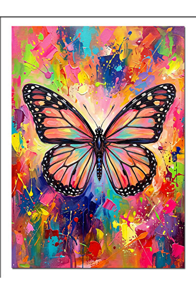 Artmeg Tablou decorativ din pânză cu fluture roz cu explozie colorată - tablo...