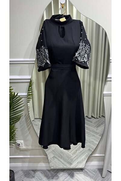 led style Elegant High Neck Midi Dress with Pearl Embellished Tulle Sleeves