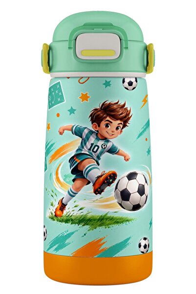 Puccon 420 ml Light Green Football Patterned Boys' School Water Bottle Stainl...