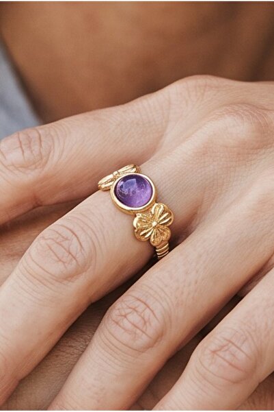 NBS Beautiful Naturel Stones Amethyst Steel Ring Adjustable Natural Stone Flo...