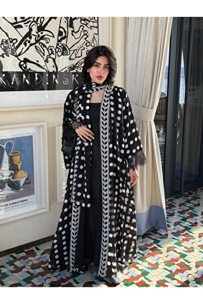 Noon Noora Polka Dot Print Splicing Lace Abaya Set (including headscarf)