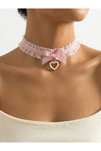 Take Two By Styli Lace Bow Faux Pearl Heart Choker Necklace