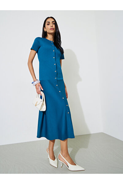 Styli Blue Solid Button Details Short Sleeves A-Line Midi Dress