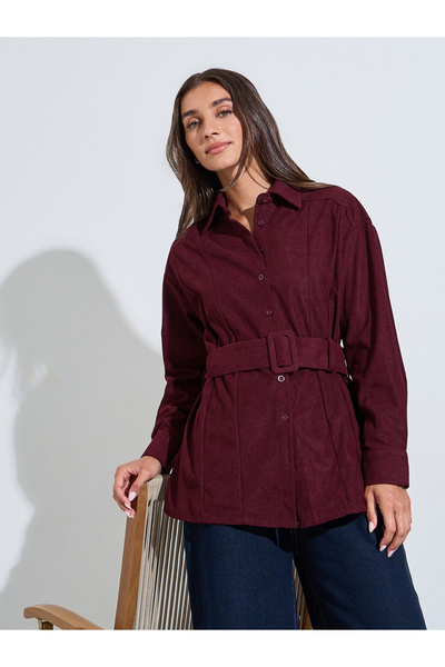 Styli Burgundy Longline Corduroy Shirt with Belt