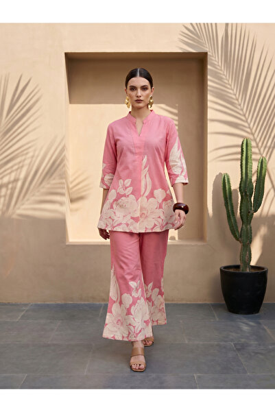 Imana By Styli Pink Floral Print Tunic and Trousers Co-Ord Set By Imana