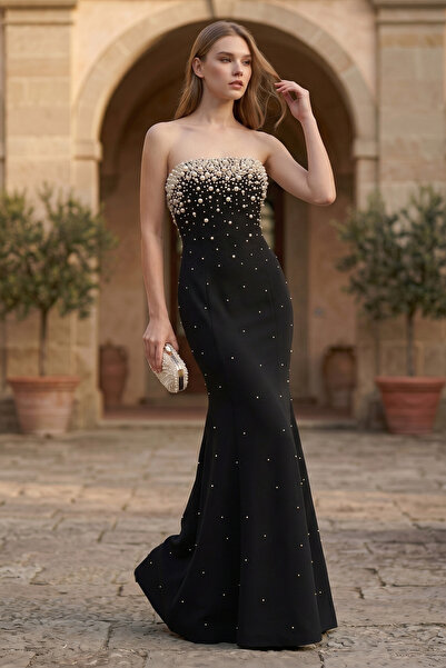 ŞEREF VURAL Women's Strapless Pearl Embellished Wide Size Range Fish Form Eve...
