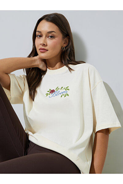 Styli Beige Placement Floral Embroidered Oversized T-Shirt