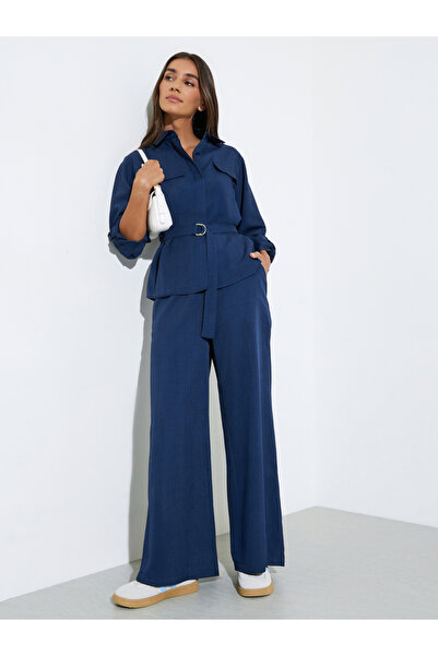 Styli Navy Blue Solid Wide Leg Trousers