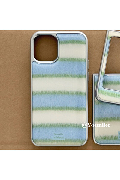 Choice53 iPhone 15 3 Ins Korean Green & Blue Stripes Electroplated Drip Glue ...