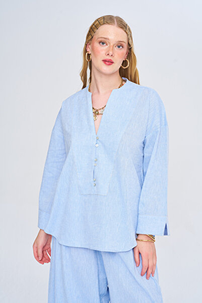 Orfeo Negro Women's V-Neck Solid Color Blouse with Stitching Detail