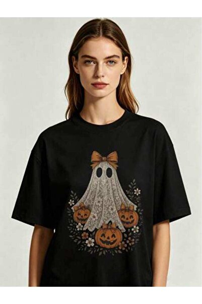 23ERVA Cute Lace Ghost And Pumpkin Print Women's T‑Shirt, Fall Festival Casua...