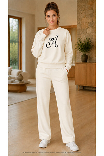 TREND EMMODA Women's Heart Detailed Letter a Printed Tracksuit Set / Round Ne...