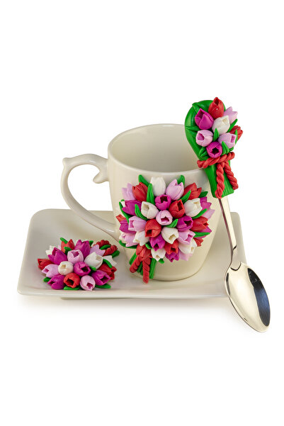 Yoobirim Box Set Ceașcă cu Farfurie Lalele Deschise Roz-Alb + Linguriță, Deco...